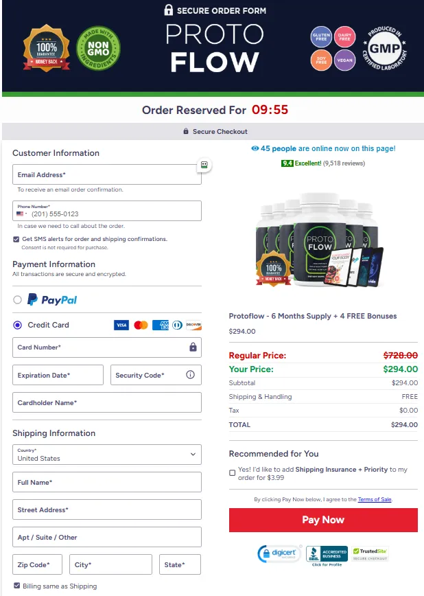 Secure Protoflow checkout page with protected payment system and official package selection